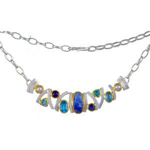 Sterling Silver and 22K Gold Vermeil Necklace with painted Rainbow Moonstone